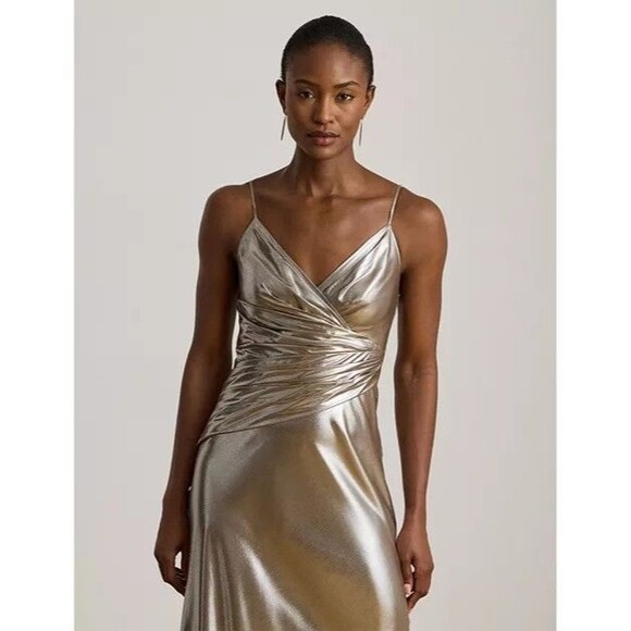 Lauren Ralph Lauren Metallic Gold Taupe Size 8 Cocktail Evening Dress Gown NEW - Picture 2 of 15